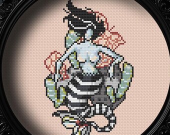 Digitales Kreuzstichmuster - Tiefsee-Meerjungfrau auf Korallenthron sitzende Kreuzstichvorlage - Einfaches Tattoo-inspiriert für Anfänger