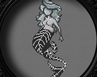 Digitales Kreuzstichmuster - Mermay Skelett Meerjungfrau - kleine einfache Anfänger Xstitch Chart - Gruselige süße Tattoo Fantasy Graph - Knochen / Flosse