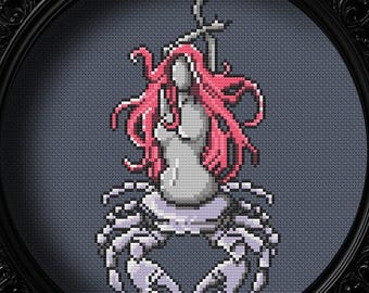 Digitales Kreuzstichmuster - Mermay Crab Mermaid - Kleine einfache Anfänger Xstitch Chart - Gruselige Fantasy Kreatur Graph - Tiefseemonster