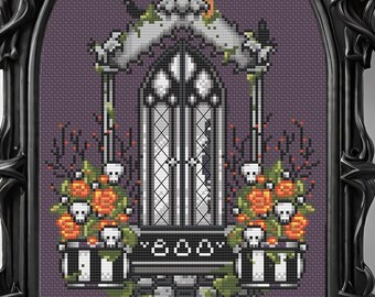 Gothic Eingang Kreuzstichmuster mit Halloween Formschnitt, schläfrige Katze, Raben (Digital PDF) Welcome Home Xstitch Pattern