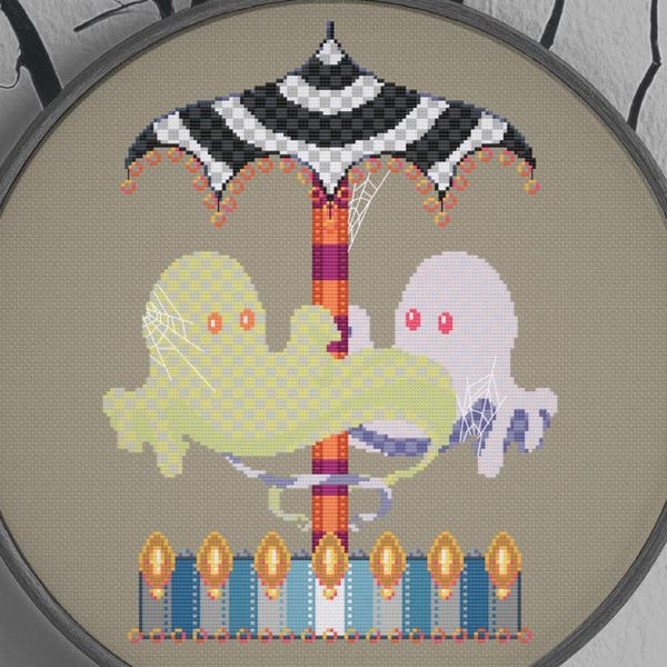 Ghost carrousel digitaal kruissteekpatroon, modern spooky Halloween Lover-ontwerp met een folky gingham-twist, schattige Haunted Xstitch-grafiek