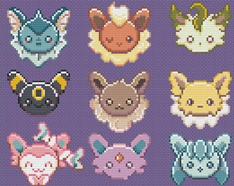 Digitale PDF-Kreuzstichvorlage „Eeveelutions“, Anfänger-Eevee-Pokémon-Entwicklungen – Chibi-Anime-Retro-Spielhaustiere – 125 x 103 Stiche