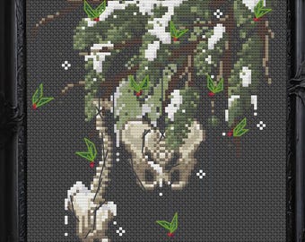 Digitales PDF-Kreuzstichmuster - Knochen unter den Ästen gezählte Xstitch Winter Chart, Wirbelsäule und Beckenknochen Witchy Kern immergrüner Baum