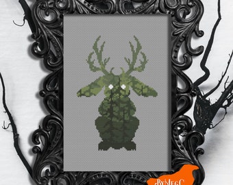 Digital PDF Cross Stitch Pattern, The Jackalope Cryptid, Heckin Cute Fluffy Antler Boy Silhouette Counted Xstitch Design, Cottagecore Green
