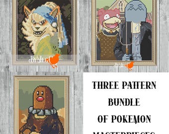 Small Pokemon Masterpiece Cross Stitch Pattern Bundle of 3 - Nerdy Digital Download Xstitch Charts - Cute Retro Video Game Stitches