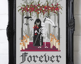 PDF Kreuzstichmuster - Hochzeit Gothic | Death and Skeleton Forever - Personalisierbar Datum - 74 x 113 Stiche