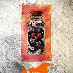 Digital PDF Cross Stitch Pattern, Little Cryptid in a Bottle Creepy Cute Mothman Xstitch with Backstitching - Easy to Read PDF Charts