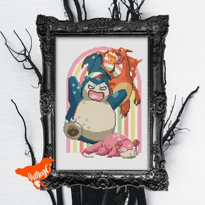 Cross Stitch Pattern - Snorlax Charizard and Slowpoke Pokemon Xstitch Chart, Chaotic Modern Design, Nerdy Video Game, Retro 90's Cartoon