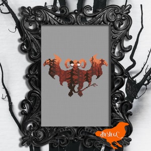 Cyfrowy wzór do haftu krzyżykowego PDF, Little Jersey Devil Cryptid Counted Xstitch Chart, Minion ze skrzydłami nietoperza, Straszny, słodki, mały chłopiec