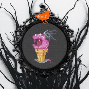 Screaming Pink Ice Cream Cone Counted Cross Stitch Pattern, Bat / Demon Wings Cartoon Character Counted Xstitch Pattern, Spooky Dessert