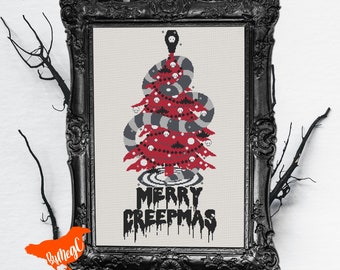 May include: A cross-stitch pattern featuring a red and gray Christmas tree with a snake wrapped around it. The tree is decorated with skulls and the text "Merry Creepmas" is written below the tree.