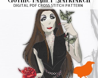 PDF Kreuzstichmuster Gothic Familie Matriarchin, große Kreuzstichvorlage für Liebhaber von Horror, Halloween und Gothic Dekor, Film Blockbuster