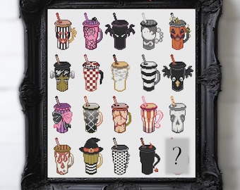 Live! Mystery Cups Stitch Along (SAL) von ByMegC – 20 gruselig-süße Designs – Start: 2. Juni 2026 – Halloween-/Grusel-/Hexenmotive