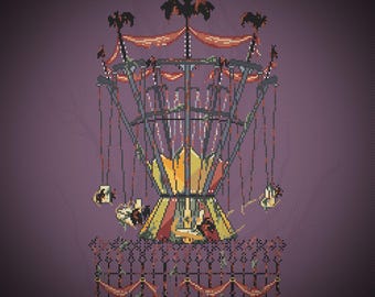 Vintage Theme Park Swing Ride Digital PDF Counted Cross Stitch, Bat Carousel Spooky Cute Modern Xstitch | 132 x 202 Stitches