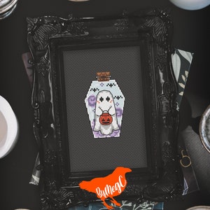 Kruissteekpatroon, kleine spookachtige geest kistvormige potion fles xstitch-kaart, schattige kleine Trick or Treat Halloween Ghoul, gemakkelijke beginner