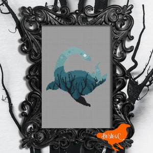 May include: A cross-stitch pattern featuring a blue and green silhouette of a plesiosaur swimming through a dark forest with a full moon in the background. The pattern is framed in a black ornate frame.
