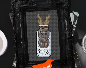 Digital PDF Cross Stitch Pattern, Tiny Jackalope Stuck in a Bottle Counted Xstitch Chart, Easy Cryptid Design / Chart, Simple Backstitching