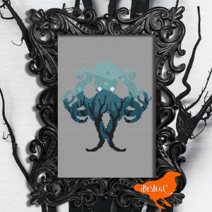 Digitale pdf-kruissteekpatroon, The Kraken Nautical Mythological Beast / Cryptid, Spooky Cute Octopus / Inktvis / Tentakel geteld xstitch