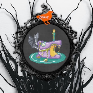 Screaming Purple Slice of Cake Counted Cross Stitch Pattern, Bat / Demon Wings Cartoon Character Counted Xstitch Pattern, Spooky Dessert