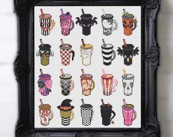 Completed! Mystery Cups Stitch Along (SAL) by ByMegC - 20 Spooky Cute Designs - Halloween / Creepy / Witchy Themes
