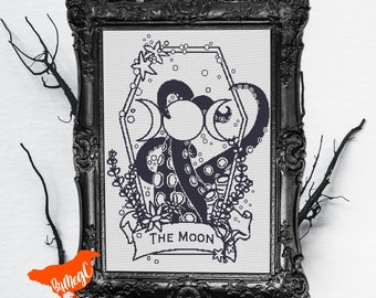 The Moon Tarot Inspired, Counted Cross Stitch Pattern, Instant Download PDF, Octopus Kraken Bubbles, Deep Sea Ocean, Coffin