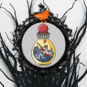 Digital Cross Stitch Pattern: Horror Blockbuster Potion Bottle, Clown Movie Inspired, Red Balloon and Paper Boat, Counted Xstitch Chart