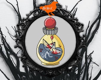 Digital Cross Stitch Pattern: Horror Blockbuster Potion Bottle, Clown Movie Inspired, Red Balloon and Paper Boat, Counted Xstitch Chart