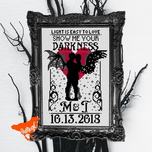 Halloween Romantic Wedding Quote for the Spooky Couple, Cross Stitch Pattern Sampler, Customizable, Fantasy Silhouetted Lovers Embracing