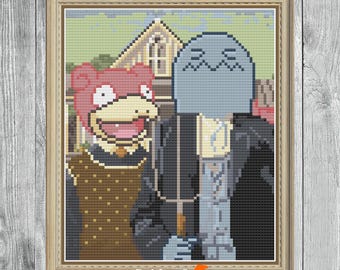 Small Masterpiece Painting - American Gothic with Pokemon - Nerdy Counted Cross Stitch Pattern - Video Game Cartoon Characters - 75 x 90 Sts