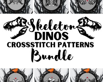 Bundle of 6 Cute Skeleton Dino Cross Stitch Patterns, Spooky Cartoon Dinosaurs, Valentine’s, Love Birthday Xstitch Charts, Black White Red