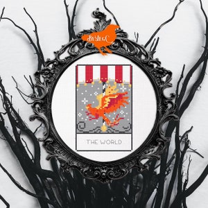 21. Le tarot du monde, point de croix, animal du carrousel phénix, grille de points d'X comptés, carte occulte mystique, point de feu orange arc-en-ciel