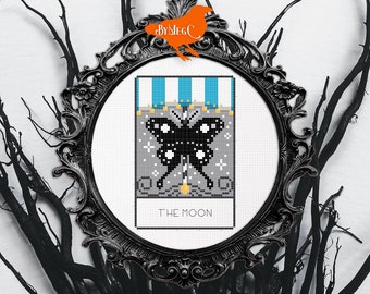 18. The Moon Tarot Cross Stitch Pattern, Lunar Moth Carousel Animal, Counted Xstitch Chart, Mystical Occult Card, Rainbow Blue Stitch