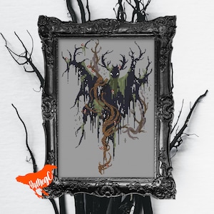 Leshy Forest Spirit Cross Stitch Pattern, Mythology Inspired Counted Xstitch Pattern, Mythic Entity with Antlers, Moss and Mushrooms