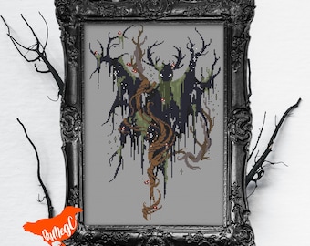 Leshy Forest Spirit Cross Stitch Pattern, Mythology Inspired Counted Xstitch Pattern, Mythic Entity with Antlers, Moss and Mushrooms