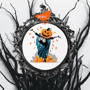Spooky Season is Here Pumpkin Ghost Cross Stitch Pattern, Coffin with Falling Orange Leaves Celebrating Autumn Xstitch, Halloween Chart