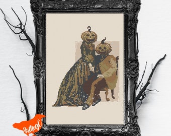 Digital Cross Stitch Pattern - Sepia Vintage Halloween Photograph Xstitch Chart, Pumpkin Head Horror Couple, Spooky Cute Fall Autumn Stitch