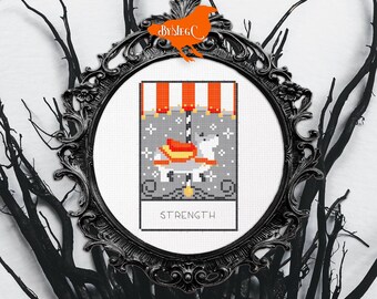 08. Strength Tarot Cross Stitch Pattern, Corgi Dog Carousel Animal, Counted Xstitch Chart, Mystical Occult Card, Orange Red Stitch