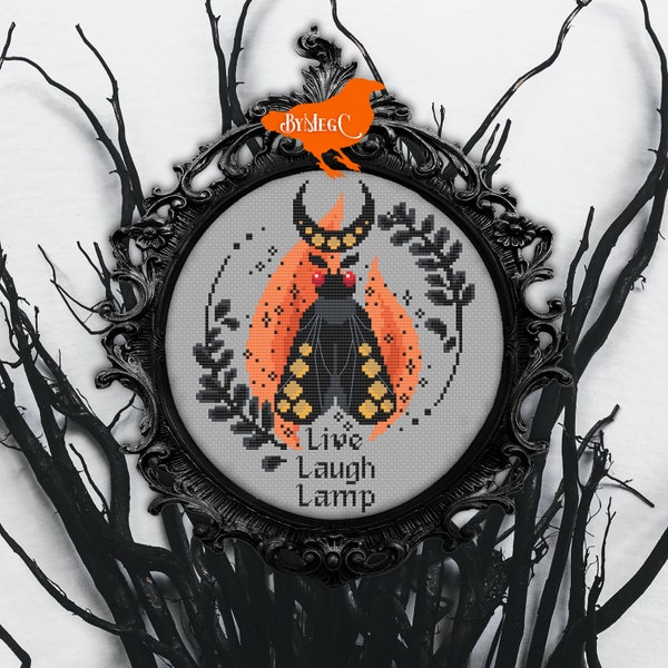 Digital Cross Stitch Pattern - Mothman Cryptid Live Laugh Lamp, Cute Cheeky Modern Xstitch, Spooky Halloween Beginner Friendly Chart