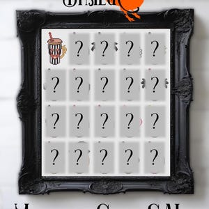 May include: A black ornate picture frame containing a grid of twenty rectangles. One rectangle displays a pixel art cup with a red straw, while the others show question marks. The text ByMegC and Mystery Cups SAL appear in black font.