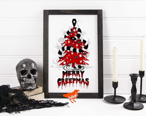 Horror Printable Artwork, Merry Creepmas Stripe Snake Wrapped About a Red Christmas Tree, Instant Download Print, DIY Art, Creepy Home Decor