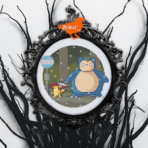Digital Cross Stitch Pattern - Whimsical Raining Anime Scene Counted Xstitch Chart, Snorlax and Pikachu - Mashup,
