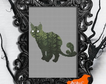 Padrão de ponto cruz digital em PDF, gráfico de ponto cruz com contagens de gato cacto fofo e assustador, mito, lenda americana, animal mitológico do deserto