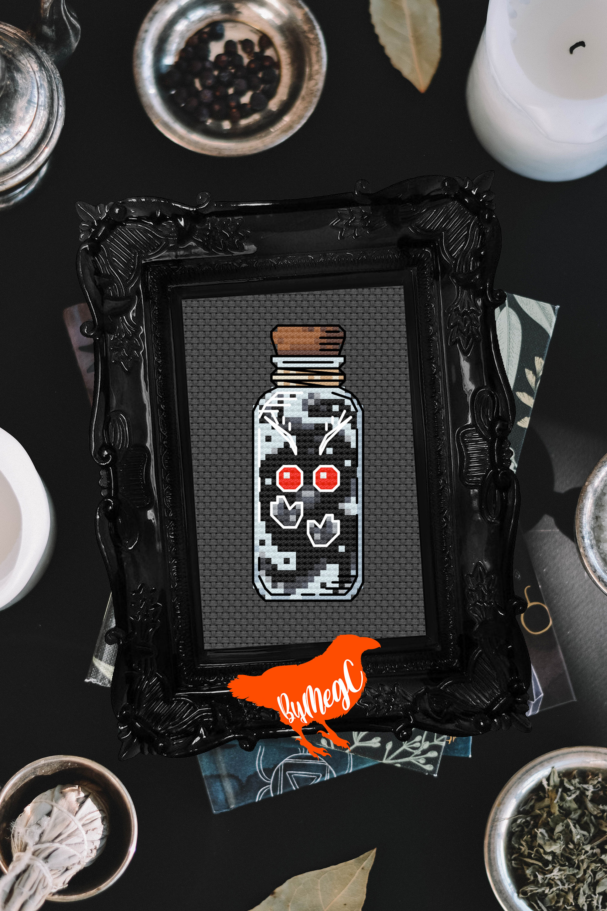 Digital PDF Cross Stitch Pattern, Tiny Mothman in a Bottle Counted Xstitch Chart, Beginner Cryptid Design / Chart, Easy Backstitching Graph