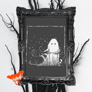 Digital Cross Stitch Pattern - Haunted Misty Ghost Counted Xstitch Pattern, Spooky Cute Monochrome Chart, Gothic Horror Lovers, Halloween