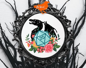 Motif dragon point de croix compté, téléchargement immédiat du PDF, motif point de croix de dés de donjons, Xstitch fantastique, wyverne, Design floral