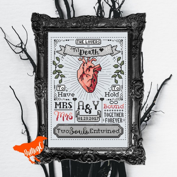La carte de tarot des amoureux inspiré du mariage / Union Cross Stitch Pattern, jusqu'à la mort, deux âmes entrelacées, tableau Xstitch compté, LGBTQ +