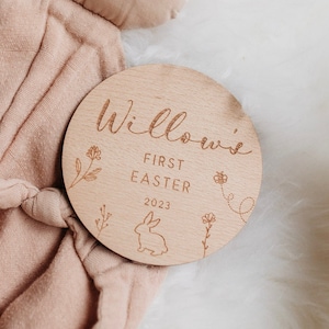 Personalised Engraved Baby's First Easter Name Plaque | First Easter Keepsake Decoration | Wooden Baby Gift | Social Media Photo Prop Disc