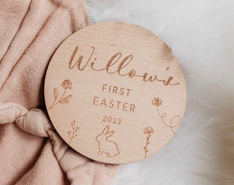 Personalised Engraved Baby's First Easter Name Plaque | First Easter Keepsake Decoration | Wooden Baby Gift | Social Media Photo Prop Disc