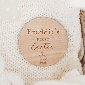 Baby&#39;s First Easter Name Plaque | Babys First Easter Sign | Wooden 1st Easter Keepsake | Personalised Social Media Photo Prop Disc
