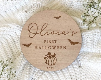 Personalised Engraved Baby's First Halloween Name Plaque | Pumpkin | Keepsake Decoration | Wooden Baby Gift | Social Media Photo Prop Disc